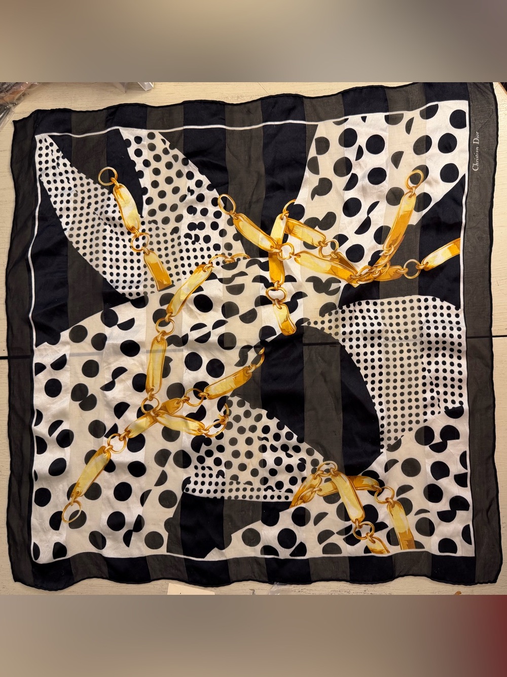 Dior Black & White Polka Dot Silk Scarf with Gold Accent - Picture 2 of 9